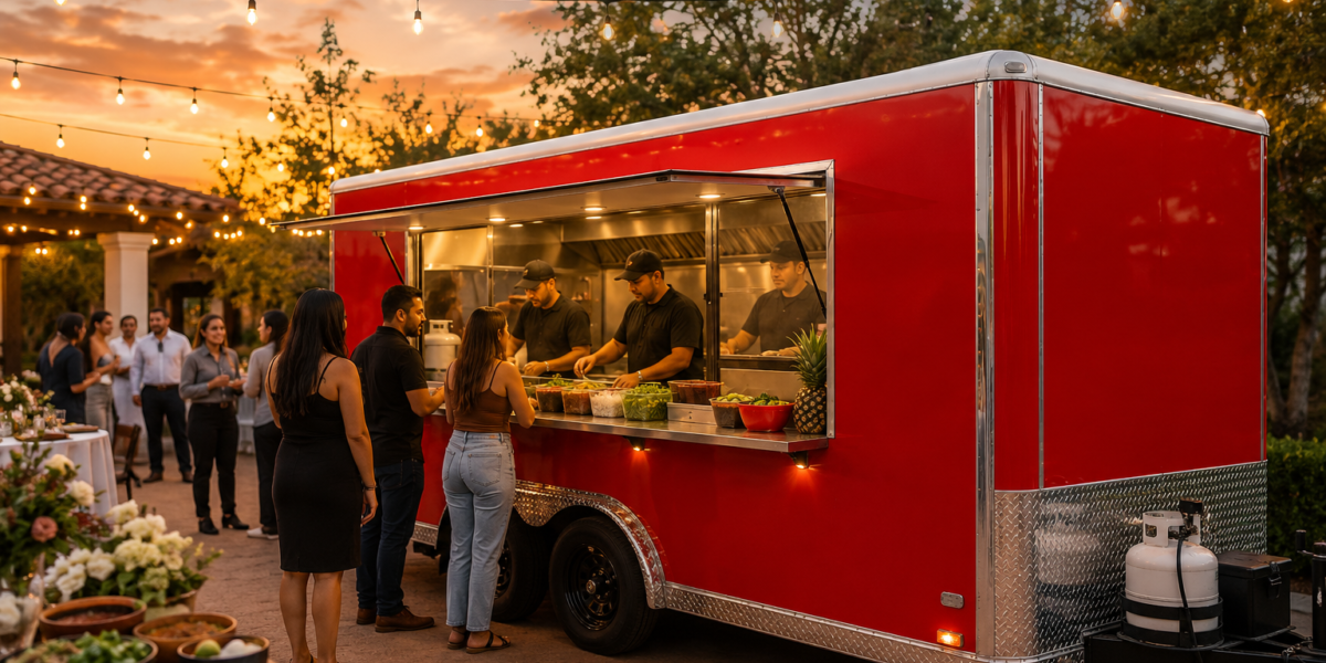 Red taco trailer providing 24/7 taco truck catering in Lombard Il for weddings corporate events and private parties.