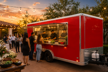 Red taco trailer providing 24/7 taco truck catering in Lombard Il for weddings corporate events and private parties.